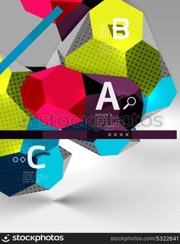 3d hexagon geometric composition, geometric digital abstract background. 3d hexagon geometric composition, geometric digital abstract background. Techno or business presentation template with sample options. Vector illustration