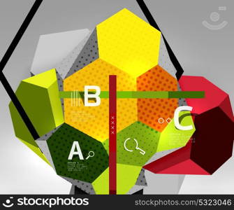 3d hexagon geometric composition, geometric digital abstract background. 3d hexagon geometric composition, geometric digital abstract background. Techno or business presentation template with sample options. Vector illustration