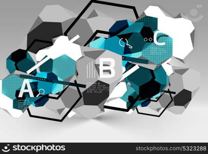 3d hexagon geometric composition, geometric digital abstract background. 3d hexagon geometric composition, geometric digital abstract background. Techno or business presentation template with sample options. Vector illustration