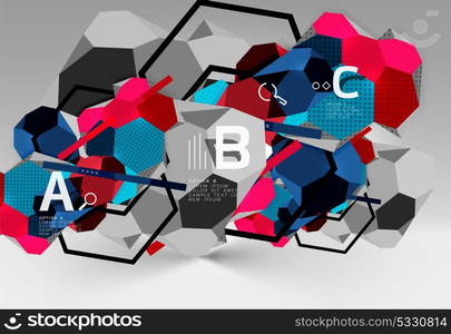 3d hexagon geometric composition, geometric digital abstract background. 3d hexagon geometric composition, geometric digital abstract background. Techno or business presentation template with sample options. Vector illustration