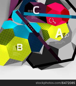 3d hexagon geometric composition, geometric digital abstract background. 3d hexagon geometric composition, geometric digital abstract background. Techno or business presentation template with sample options. Vector illustration