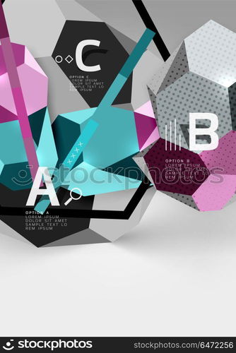 3d hexagon geometric composition, geometric digital abstract background. 3d hexagon geometric composition, geometric digital abstract background. Techno or business presentation template with sample options. Vector illustration