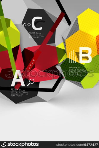 3d hexagon geometric composition, geometric digital abstract background. 3d hexagon geometric composition, geometric digital abstract background. Techno or business presentation template with sample options. Vector illustration