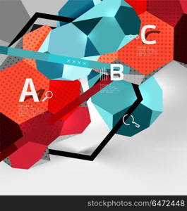 3d hexagon geometric composition, geometric digital abstract background. 3d hexagon geometric composition, geometric digital abstract background. Techno or business presentation template with sample options. Vector illustration