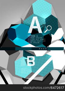 3d hexagon geometric composition, geometric digital abstract background. 3d hexagon geometric composition, geometric digital abstract background. Techno or business presentation template with sample options. Vector illustration