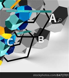 3d hexagon geometric composition, geometric digital abstract background. 3d hexagon geometric composition, geometric digital abstract background. Techno or business presentation template with sample options. Vector illustration