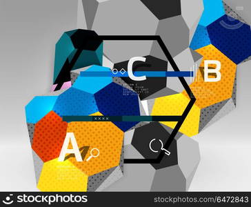 3d hexagon geometric composition, geometric digital abstract background. 3d hexagon geometric composition, geometric digital abstract background. Techno or business presentation template with sample options. Vector illustration