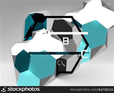 3d hexagon geometric composition, geometric digital abstract background. 3d hexagon geometric composition, geometric digital abstract background. Techno or business presentation template with sample options. Vector illustration