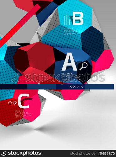 3d hexagon geometric composition, geometric digital abstract background. 3d hexagon geometric composition, geometric digital abstract background. Techno or business presentation template with sample options. Vector illustration