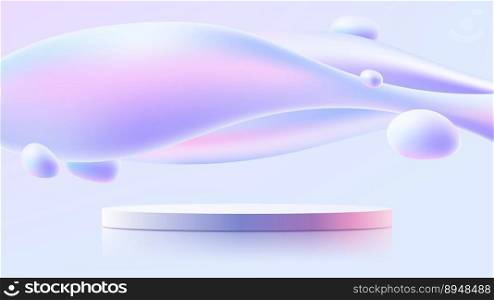 3D holographic color podium stand with fluid or liquid elements floating in the air on soft blue background. Product display for cosmetic, beauty, showroom, showcase, presentation, etc. Vector illustration