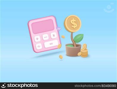 3d icon tree  plant with coin and calculator. Business profit investment. to develop marketing, finance, cartoon icon 3d render illustration.  