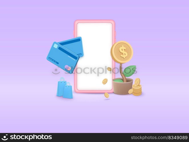 3d icon tree  plant with mobile phone and money coin. investment fund, providing money, cash loan, online payment with Credit or debit card. to develop marketing, finance, cartoon icon 3d render illustration. 
