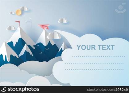 3d illustration art of airplanes flying above mountains on blue sky.Creative design Paper cut and craft style of business teamwork or targeted mountain concept idea.scene your text space.vector