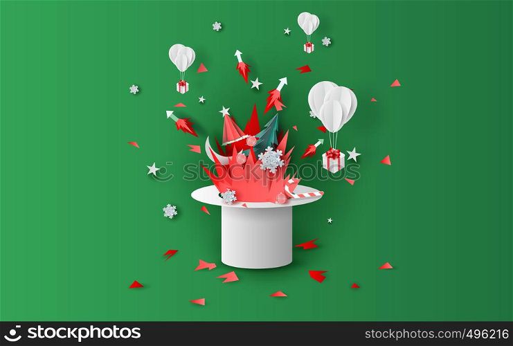 3D illustration art of bonfire and fireworks art decorations in Christmas with hat concept.Creative design paper cut and craft for festival party holiday winter season.Graphic idea vacation vector.