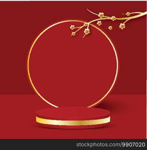 3D illustration Chinese New Year red and golden theme product display podium with branch of flower