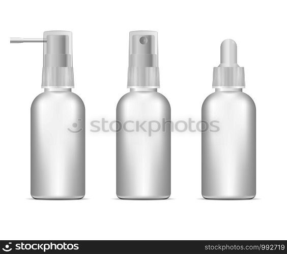 3d illustration of blank pharmaceutical containers. Set of Different medical bottles with spray, dropper. Vector mock up package design isolated on white.. 3d illustration blank pharmaceutical container Set