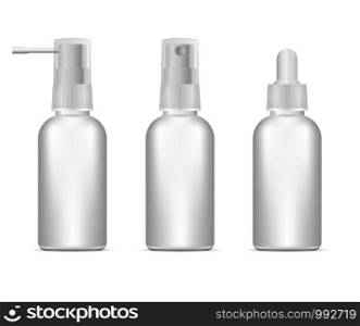 3d illustration of blank pharmaceutical containers. Set of Different medical bottles with spray, dropper. Vector mock up package design isolated on white.. 3d illustration blank pharmaceutical container Set