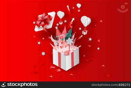 3D illustration of bonfire and fireworks art decorations in Christmas with gift box concept.Creative design paper cut and craft for festival party holiday winter season.graphic idea vacation vector.