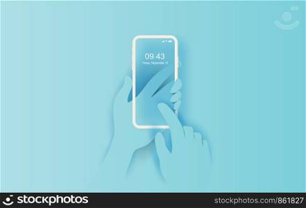 3D illustration of Hand holds smartphone with empty application. Compose dialogues simple.Text messaging frame idea concept.Creative design paper cut and craft on blue pastel background.Vector