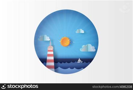 3D illustration of Island with lighthouse Lighting boat on sea view at sunlight on sky circle concept,Holiday Summer time season Graphic design simple circle Seaside, Paper craft and cut.vector.eps10.
