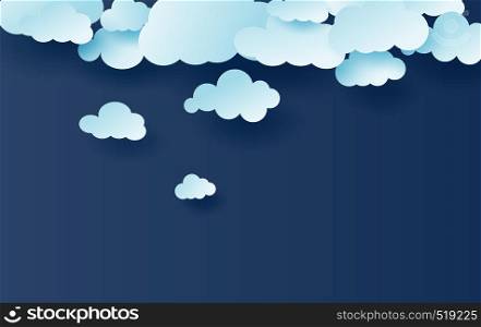 3D illustration of light blue sky white clouds pattern vector.Creative design simple with cloudscape paper cut.Digital Paper art and craft style.pastel color tone.Night dark scene.vector.illustration.