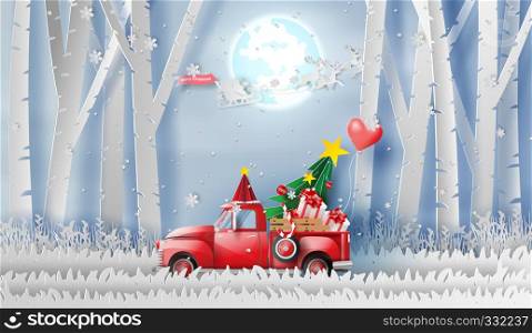 3D illustration of paper art Red Classic pickup truck car by gift,Christmas tree and balloon winter season forest.Happy new year and Merry Christmas day,Snowfall Landscape forest in full moon,vector