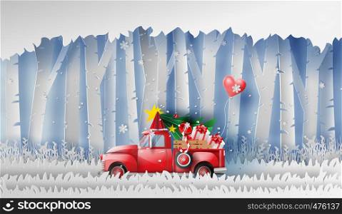 3D illustration of paper art Red Classic pickup truck car by gift,Christmas tree and balloon winter season forest.Happy new year and Merry Christmas day,Snowfall Landscape forest in full moon,vector.