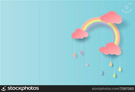 3D illustration of Rainbow in the rainy colorful season. Paper cut design for clouds and rainbow in rain time.Creative idea paper craft by pastel color minimal style on blue background. vector. EPS10.
