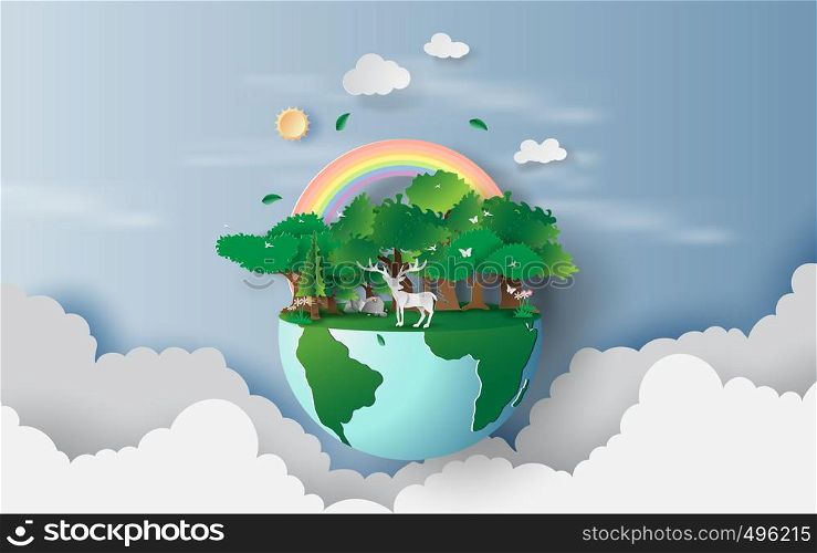 3D illustration of reindeer in green trees forest,Creative design world environment and earth day concept idea.landscape Wildlife with Deer in green nature plant by rainbow.paper cut and craft.vector