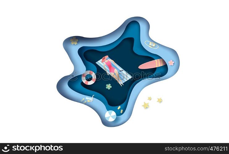 3D illustration of top view women in summer beach with abstract curve wave layer blue background.Paper craft summertime top view concept.Creative paper cut design summer season for background.vector