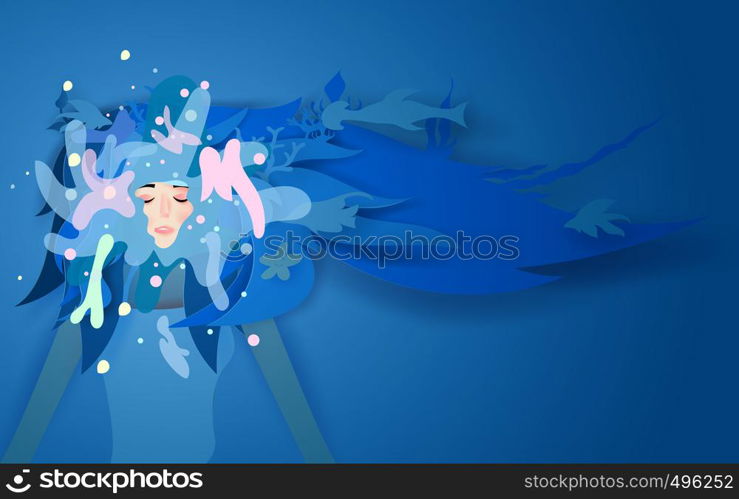 3d illustration of Top view Young Women beautiful relaxing float swimming the under water surface.Beautiful girl long hair wear summer trip with Deep blue marine life.Paper cut,craft,cut.vector art.