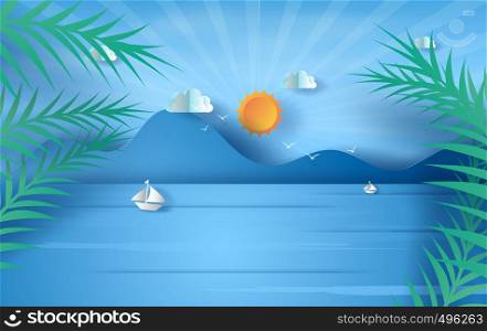 3D illustration of tree branch Leaves on sea view sunlight blue sky,Summer time season concept,Boat floating in the sea on blue sky.Graphic design Seaside landscape, Paper craft and cut idea,vector.