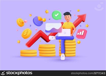 3D illustration of young man sitting on coins. Financial investment trade. Creative concept of market movement. Bank deposit, profit finance Manage money through your applications. Investment Cryptocurrency trend trading. 3D Vector