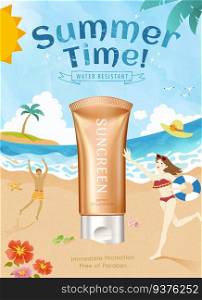 3d illustration summer sunscreen product with lovely doodle style beach scene poster. summer sunscreen product ads