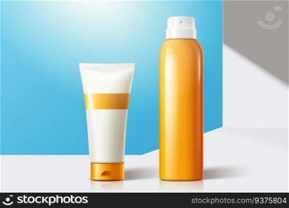 3d illustration sun spray blank bottles on white balcony and blue sky. Sun spray blank bottles