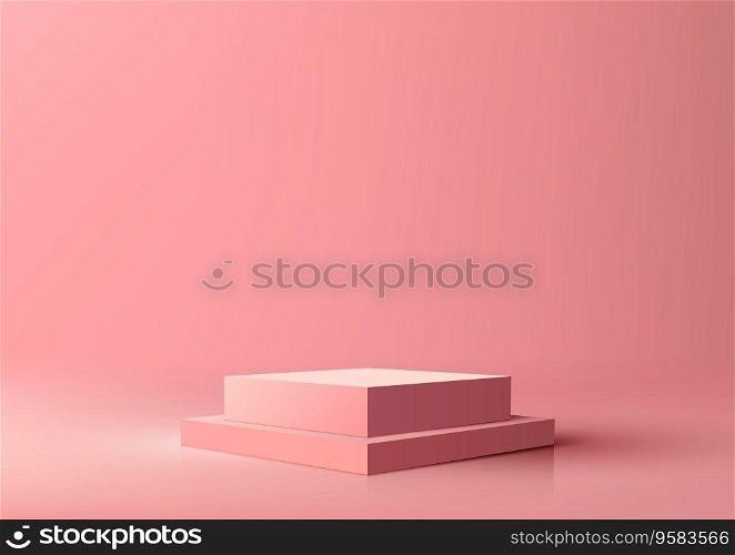 3D image shows a stack of pink boxes on an abstract pink background. The minimal geometric shapes create a sense of simplicity and elegance. Vector illustration