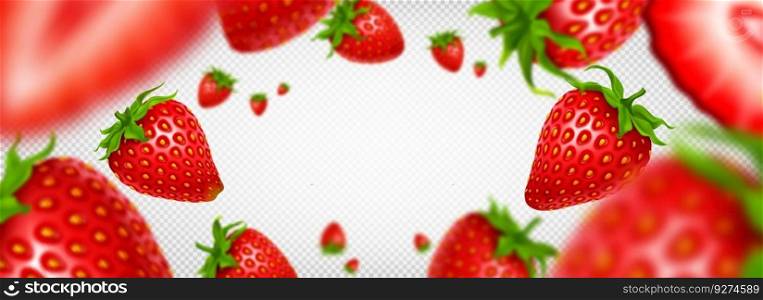 3d isolated realistic strawberry fruit slice frame on transparent background. Half cut red flying berry summer graphic design. Falling sliced summer natural product group border decoration with blur. 3d isolated realistic strawberry fruit slice frame