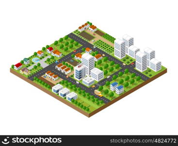 3D isometric city landscape of skyscrapers, houses, gardens and streets in a three-dimensional top view