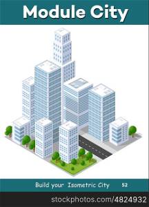 3D isometric city landscape of skyscrapers, houses, gardens and streets in a three-dimensional top view