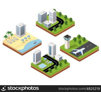 3D isometric icons travels with beach landscape with the hotel and the parasols, the airport terminal and a hotel with a swimming pool