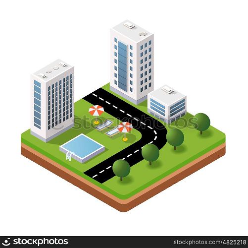 3D isometric icons travels with landscape the hotel and the parasols. isometric icons travels