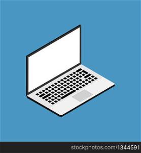 3d Isometric laptop in open view on isolated blue background. Digital and modern concept. Modern device for communication, web, multimedia, internet, education, work. PC screen and keyboard. Vector.. 3d Isometric laptop in open view on isolated blue background. Digital and modern concept. Modern device for communication, web, multimedia, internet, education and work. PC screen and keyboard. Vector