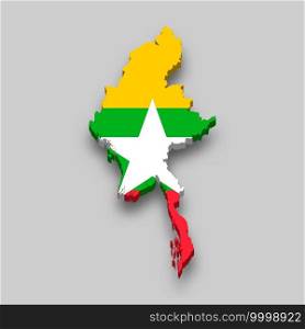 3d isometric Map of Myanmar with national flag. Vector Illustration.
