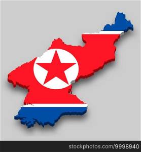 3d isometric Map of North Korea with national flag. Vector Illustration.