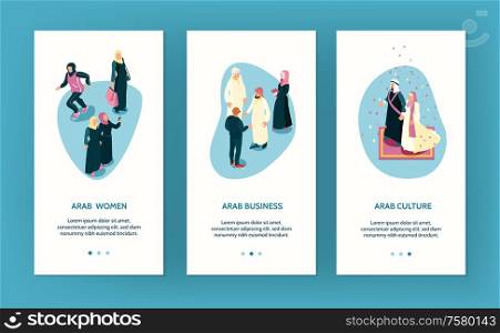 3d isometric set of vertical banners with arab family characters isolated vector illustration