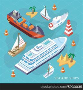 3d isometric set ships. Sea transport. Island and buoy, motorboat and containership, cruise and tanker, cargo shipping, boat transportation, ocean and vessel, vector illustration