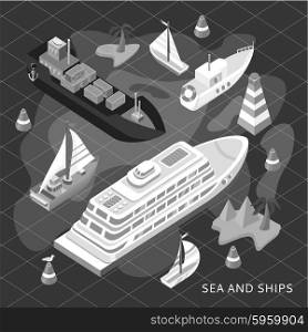 3d isometric set ships. Sea transport. Island and buoy, motorboat and containership, cruise and tanker, cargo shipping, boat transportation, ocean and vessel. Black and white color