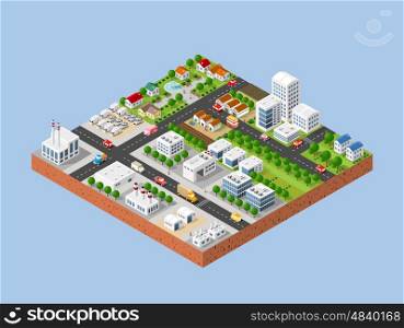 3d isometric three-dimensional city with houses, skyscrapers, buildings and streets with traffic. Top view of urban infrastructure for the creation and design