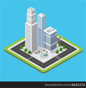 3d isometric three-dimensional city with houses, skyscrapers, buildings and streets with traffic. Top view of urban infrastructure for the creation and design