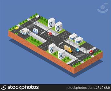 3d isometric three-dimensional urban transport street with houses, skyscrapers. Top view of the city district
